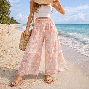 CAPOSHIE 100% Linen Coral Watercolour Floral Print Wide Leg Pull On Pants Sz L